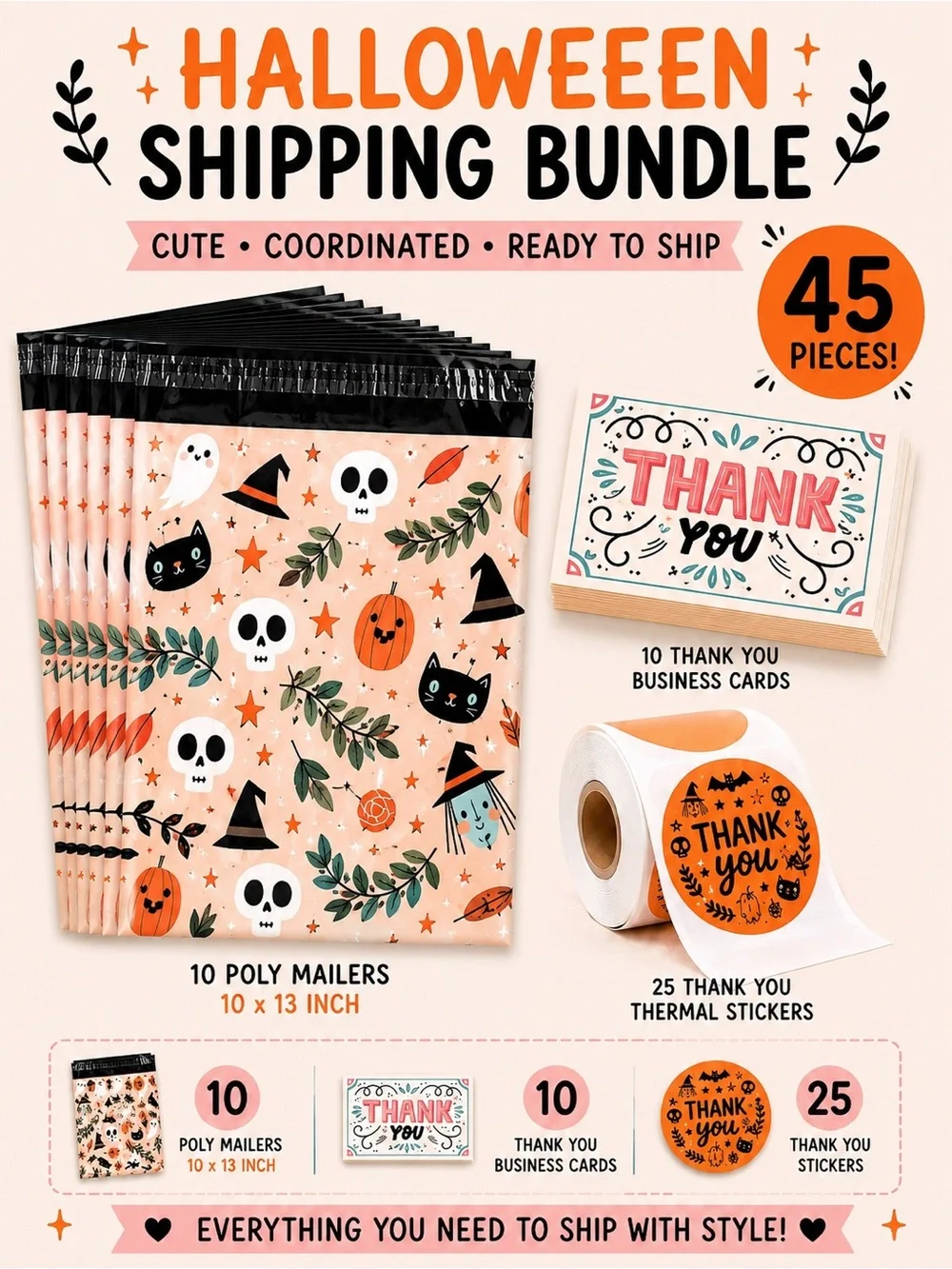 45 Piece Halloween Shipping Bundle 10x13 Poly Mailers, Thank You Cards Stickers